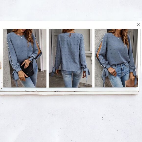 SHEIN NEW SWISS DOT SPLIT SLEEVE KNOT CUFF BLOUSE TOP POWDER BLUE PEARLS LARGE - Picture 5 of 10